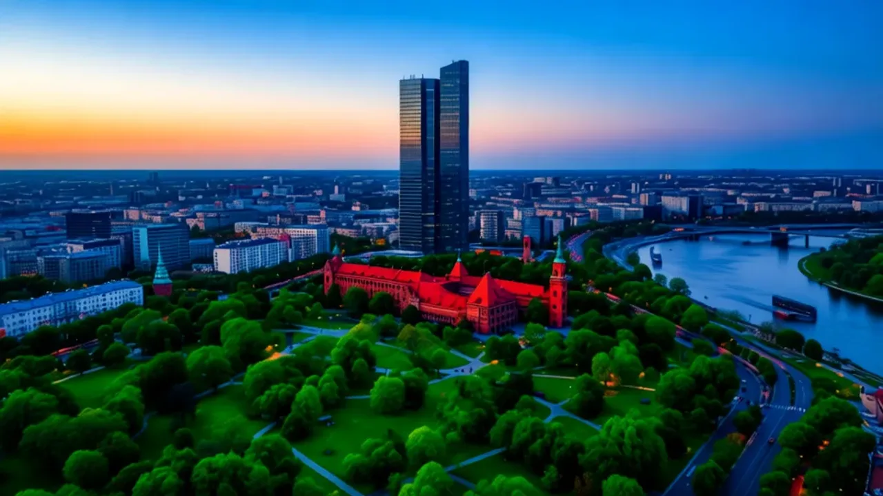 Ciekawostki o Warszawie: fakty o stolicy, które musisz poznać Panorama Warszawy z nowoczesnym wieżowcem Varso Tower i Zamkiem Królewskim ilustrująca ciekawostki o Warszawie.