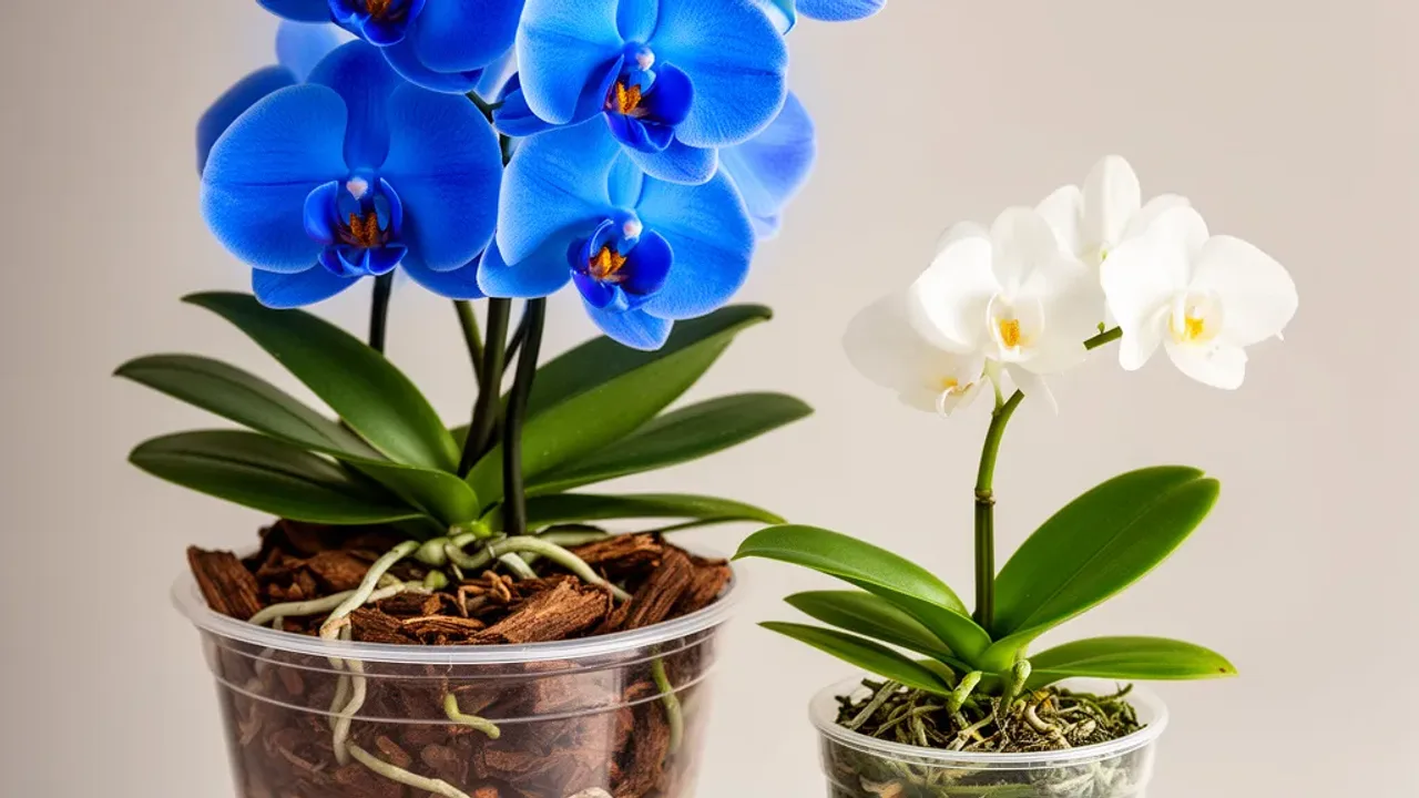 Czy niebieski storczyk zakwitnie ponownie na niebiesko? Pielęgnacja i fakty Biały Phalaenopsis obok sztucznie barwionego egzemplarza wyjaśniający czy niebieski storczyk zakwitnie ponownie na niebiesko.