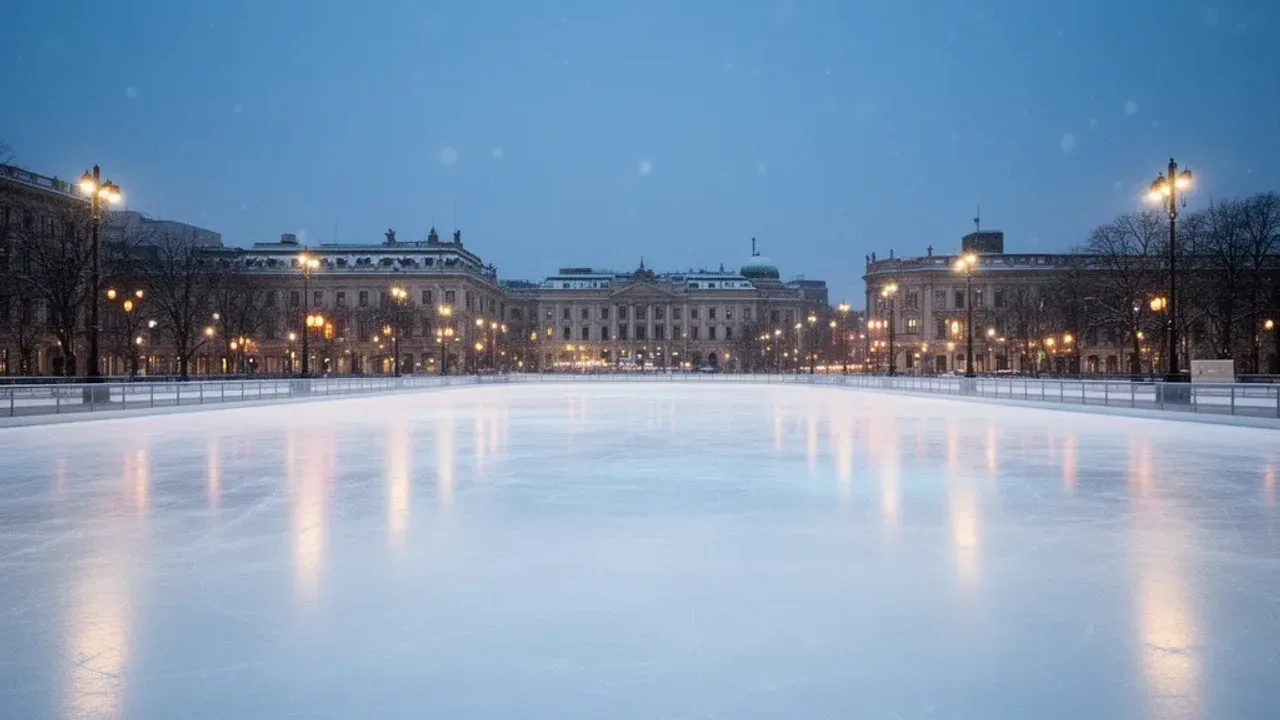 Darmowe lodowisko Warszawa 2026: gdzie pojeździć na łyżwach za darmo? Puste darmowe lodowisko Warszawa z widokiem na Pałac Kultury i Nauki w zimowy wieczór.
