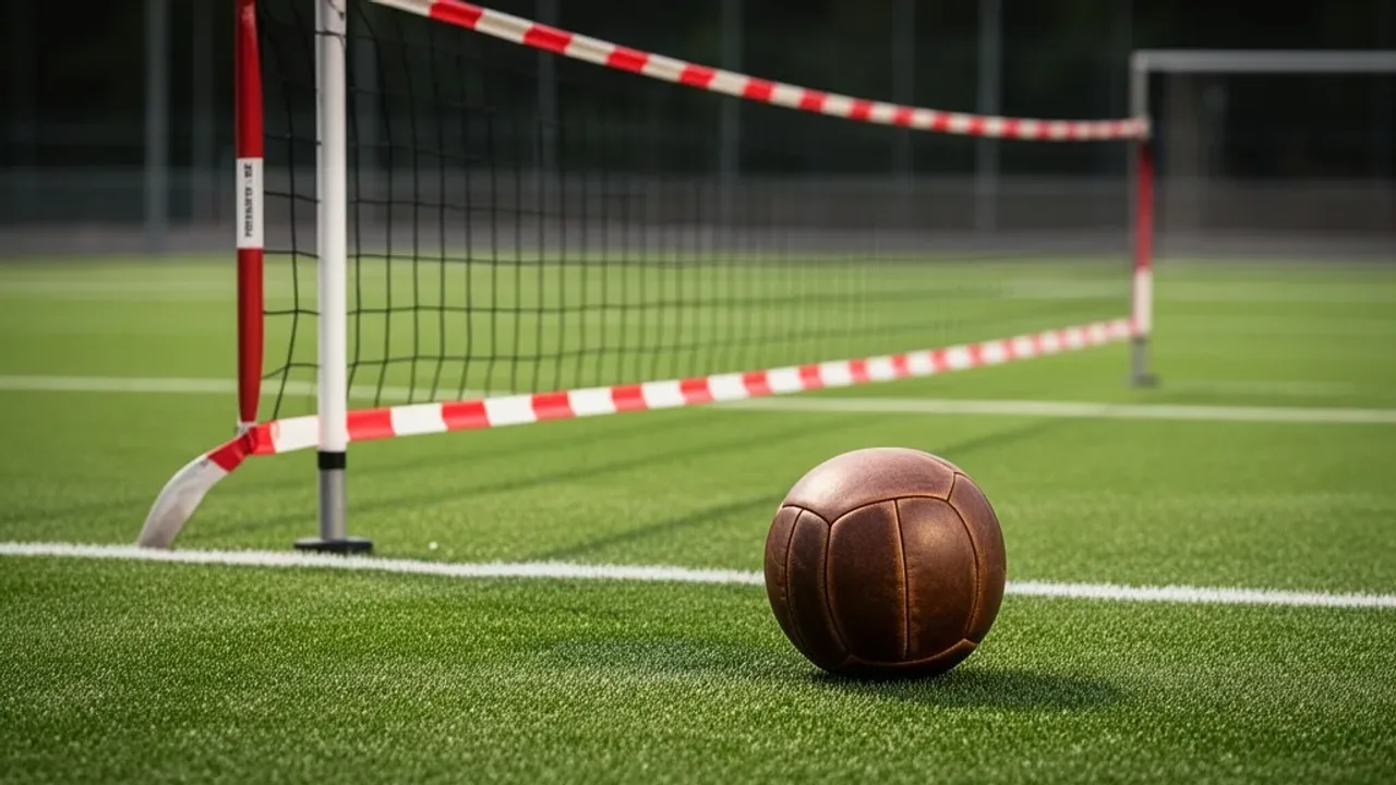 Fistball: sportów zespołowa gra w fistball – siatkówka w nowym wydaniu Skórzana futbolówka do gry w fistball leżąca na trawiastym boisku obok siatki.