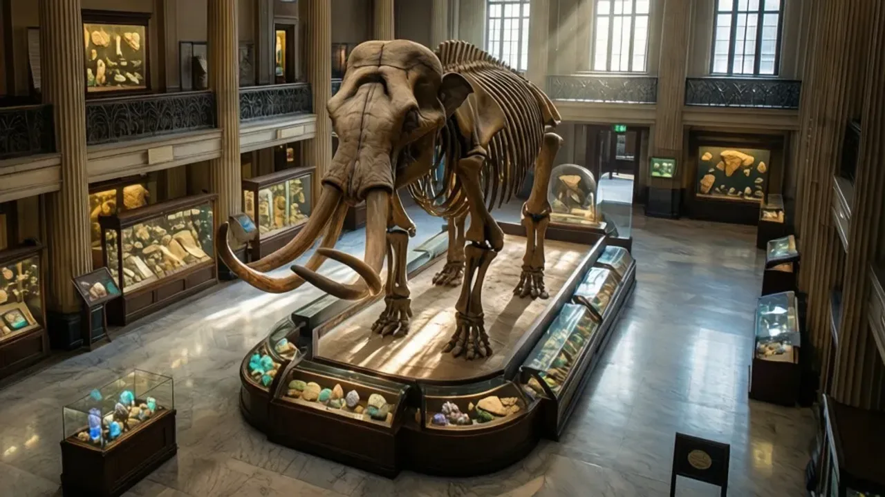 Geological museum warsaw: Muzeum Geologiczne PIG-PIB – Praktyczny przewodnik Wnętrze wystawy głównej w geological museum warsaw z widocznym szkieletem mamuta i okazami geologicznymi.