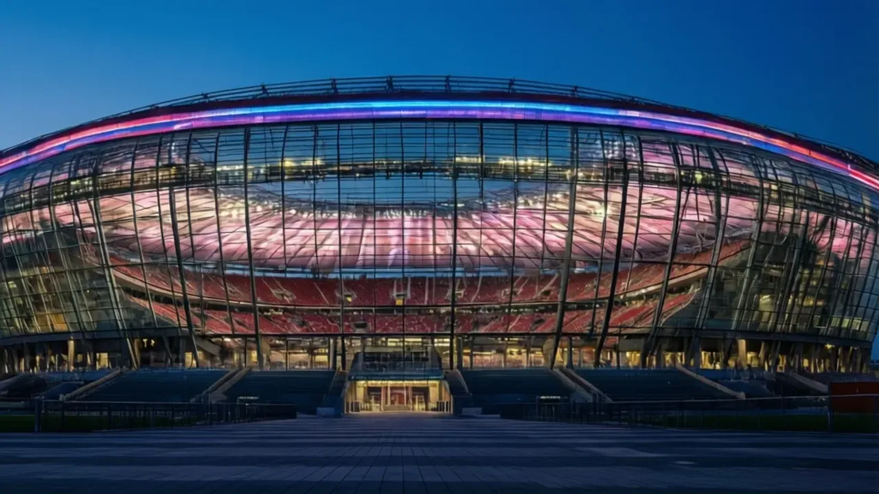 Ile ludzi pomieści Stadion Narodowy? Pojemność na mecz i koncert Widok z lotu ptaka na oświetlony Stadion Narodowy w Warszawie, który obrazuje ile ludzi pomieści Stadion Narodowy podczas największych wydarzeń.