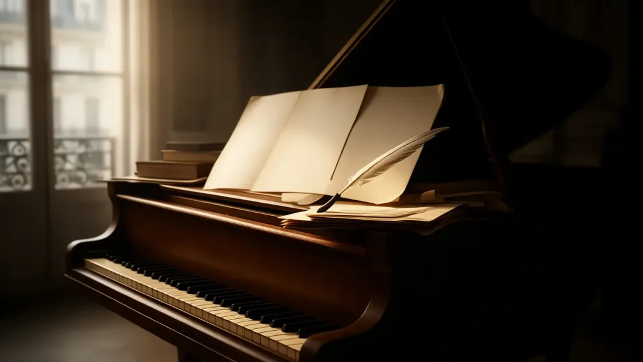 Kim był Fryderyk Chopin? Geniusz fortepianu: biografia 1810-1849 Zabytkowy fortepian i rękopis nutowy ilustrujące pytanie o to, kim był Fryderyk Chopin.