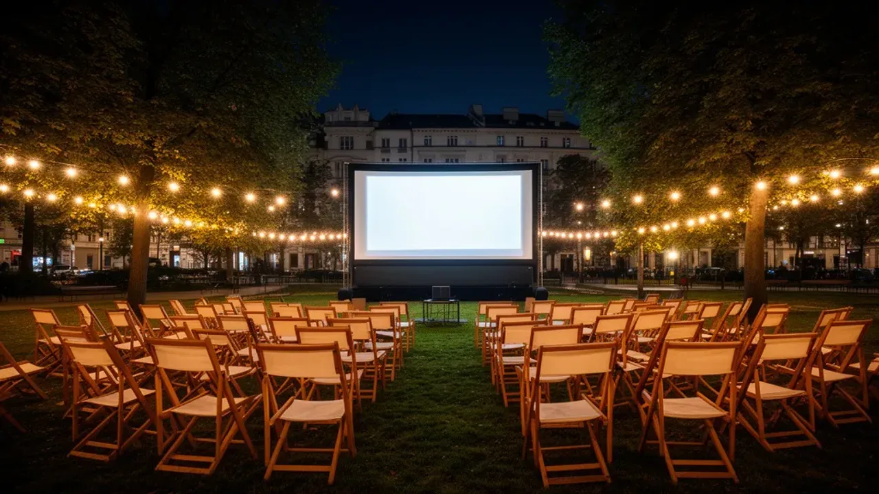 Kina plenerowe Warszawa 2025: letni przegląd i repertuar pokazów filmowych Ekran kinowy z leżakami w warszawskim parku jako kina plenerowe Warszawa.