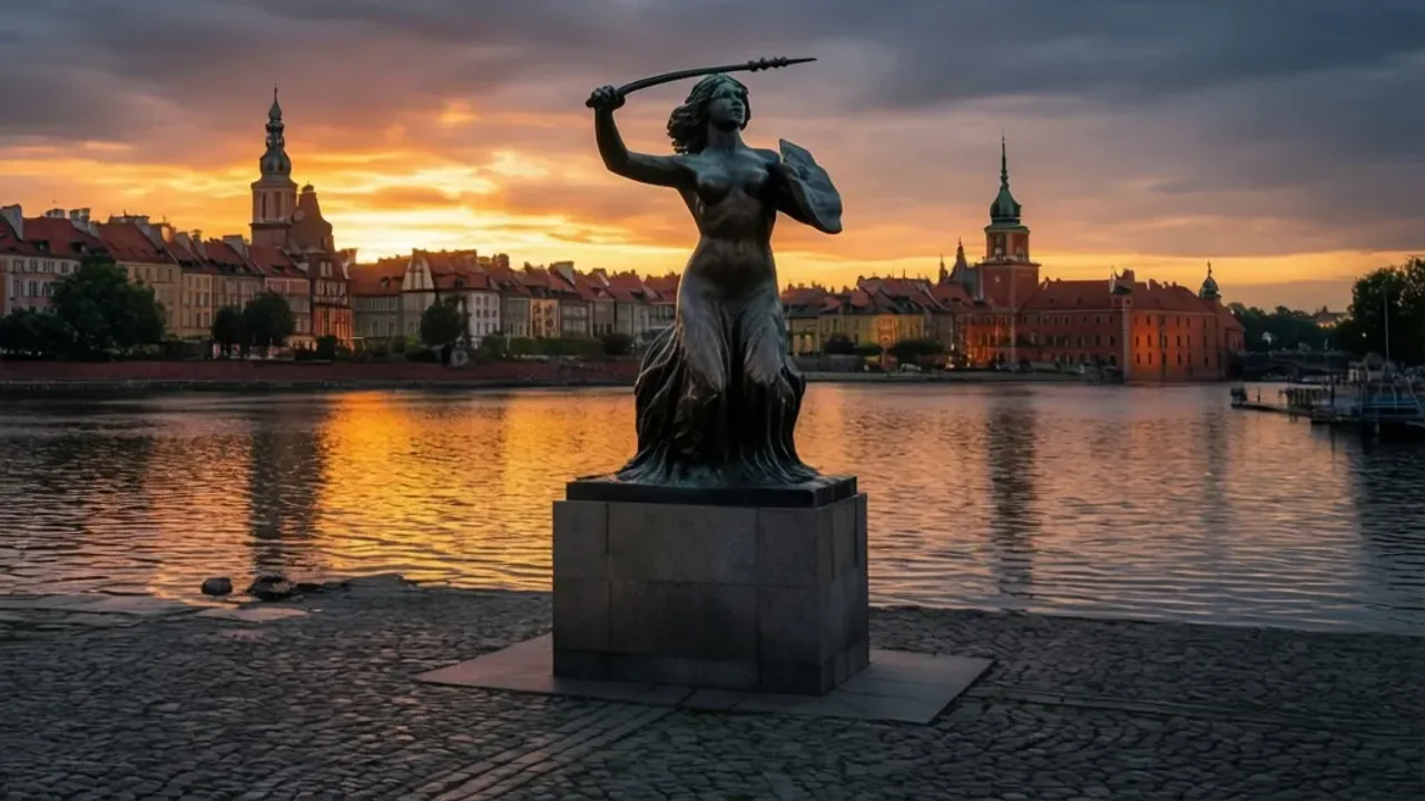 Legenda o syrence warszawskiej: historia, pomnik i warszawska syrenka Pomnik Syrenki na tle Starego Miasta, którego historia nawiązuje do słynna legenda o syrence warszawskiej.