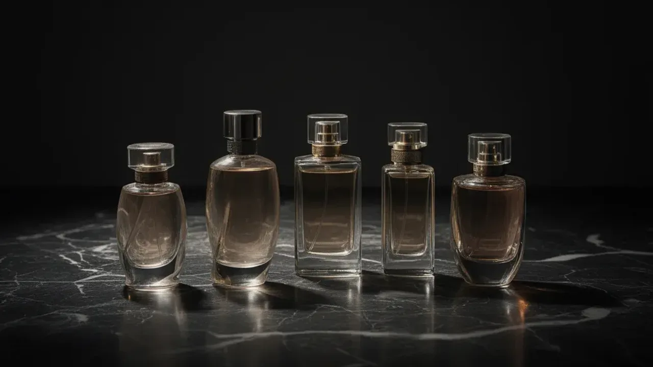 Perfumy meskie top: ranking 10 najlepszych zapachów dla mężczyzn 2026 Eleganckie flakony, które prezentują perfumy meskie top w nowoczesnym studiu fotograficznym.