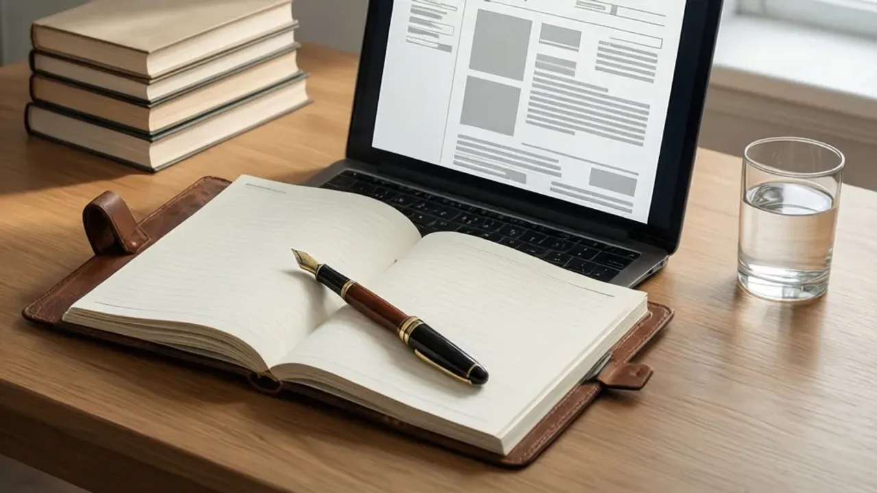 Pisanie prac dyplomowych: profesjonalny licencjacki, inżynierski i magisterski Biurko z otwartym laptopem, notatkami i książkami podczas pracy nad pisanie prac dyplomowych.