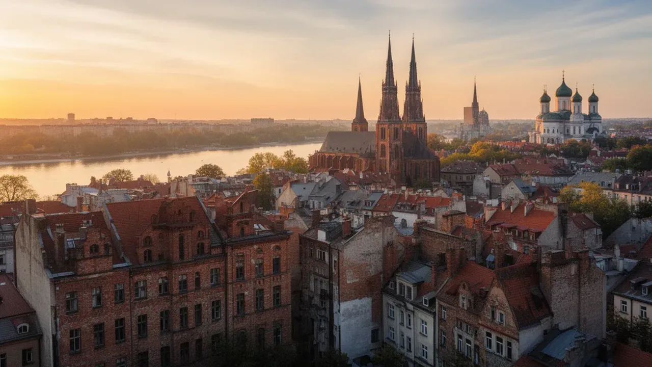 Praga Warszawa: dzielnica Stara Praga i Praga-Południe w stolicy Historyczne kamienice i Katedra św. Floriana w dzielnicy Praga Warszawa o zachodzie słońca.