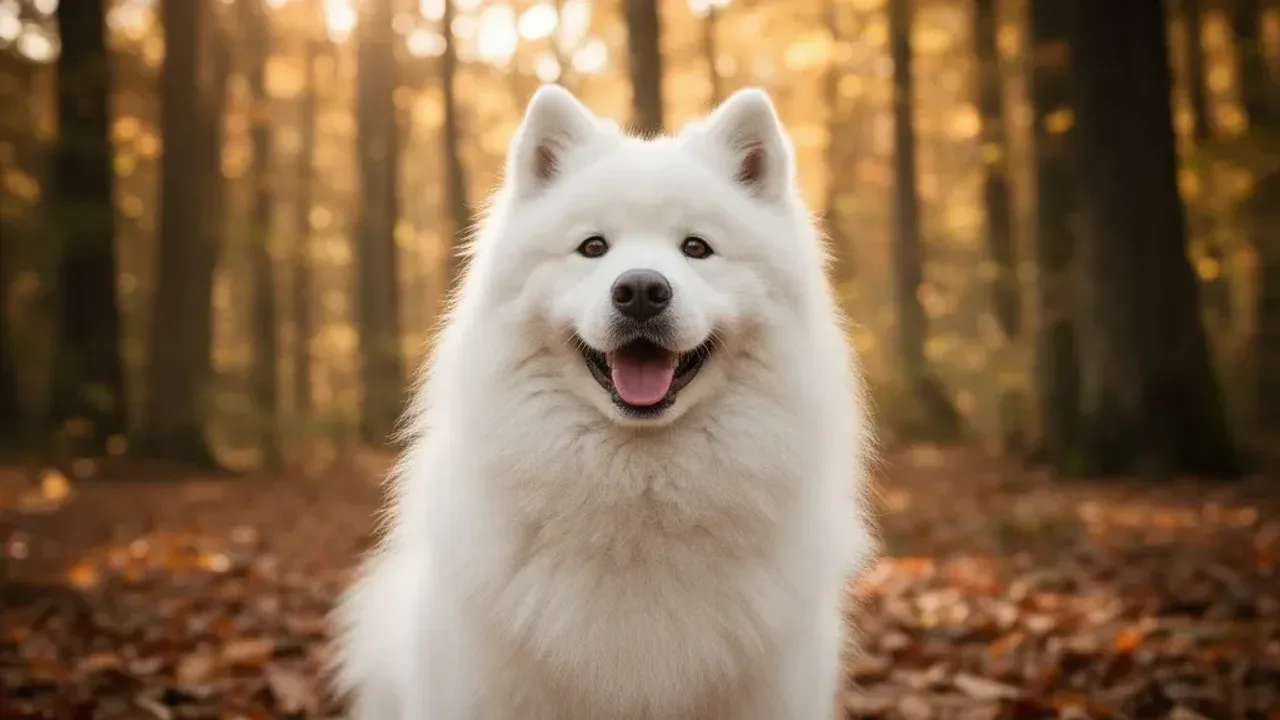 Samoyed ile żyje? Opis rasy samojed syberyjski – uśmiechnięty towarzysz Zdrowy i szczęśliwy pies rasy samoyed w zimowej scenerii, którego długość życia zależy od opieki – samoyed ile żyje.